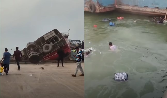 ফেরিতে উঠতে গিয়ে যাত্রীবাহী বাস উল্টে পদ্মা নদীতে